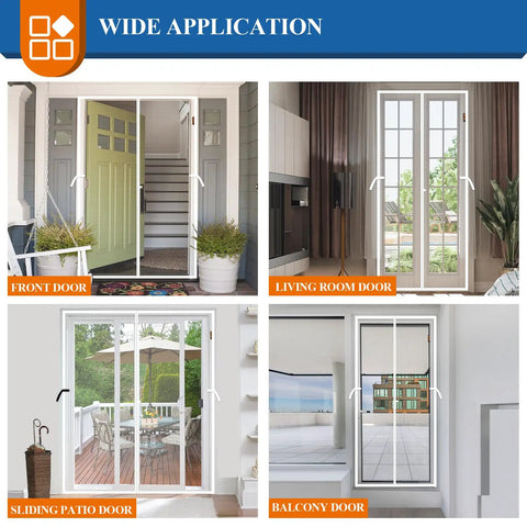 Wide application of magnetic screen on front, living room, sliding patio, and balcony doors, Hands-Free Magnetic Door Screen For 36x80 Inch Doors Tear-Resistant High-Density Fiber Mesh Pet And Kid Friendly Auto-Closure With Strong Magnets Keeps Bugs Out Easy Walk-Through White.