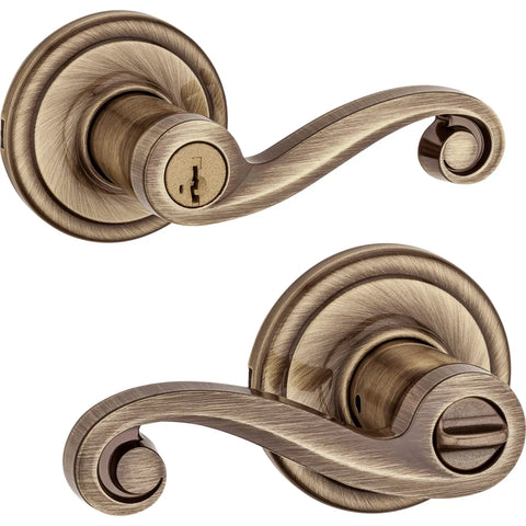 Lido Entry Door Lever With SmartKey Re-Key Security, Antique Brass Finish, Reversible Exterior Keyed Door Handle shown