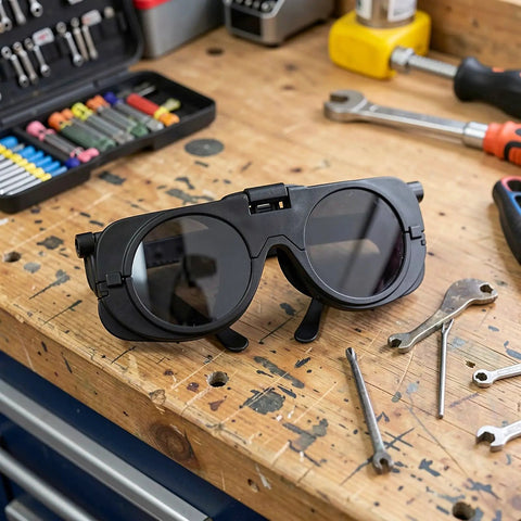 Badass Dual Lens Welding Safety Glasses With Dark Goggle Shield on workbench, showcasing durable design for metal working.