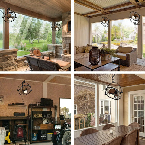 21 Inch Wall Mount Fan with Dimmable LED in patios and toolrooms showcasing Boss Level Airflow and adjustable light temperature.