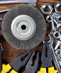 Six Pack Six Inch Carbon Steel Wire Wheel Brushes For Bench Grinders With Half To Five Eighth Arbor on a table with tools.