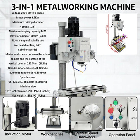 Gear Head Vertical Drill Press With Automatic Feed For Drilling, Tapping And Milling, 45mm Drilling And M20 Tapping displayed