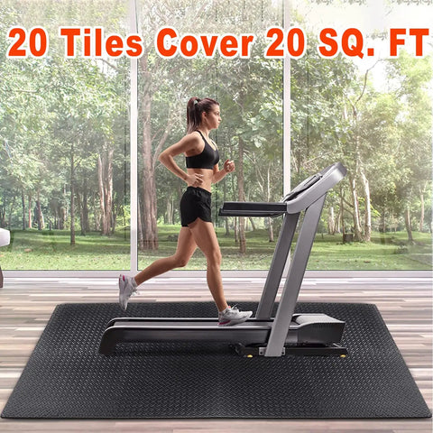 Woman running on treadmill placed on Interlocking EVA Foam Gym Mats Set With 20 Puzzle Tiles, non slip surface.