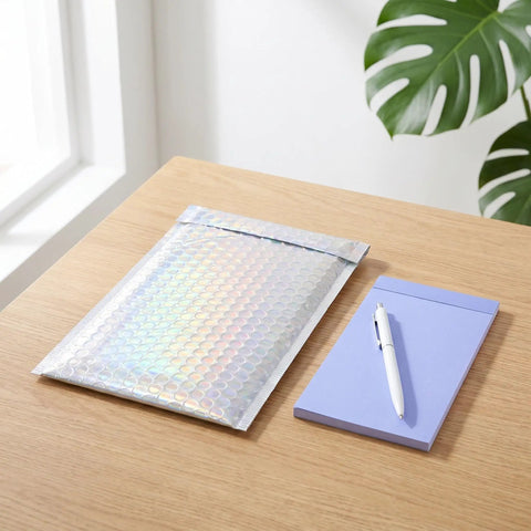 Glitter Bubble Mailers 30 Pack Tear Resistant Shipping Bags for jewelry makeup gifts next to notepad on desk