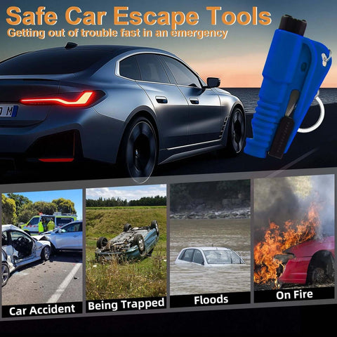Blue JINRUITOP 16-piece car escape tool set with 3-in-1 glass breaker, seat belt cutter, whistle on key ring