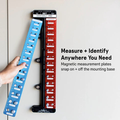 Identibolt Pro Thread Checker With Magnetic Wall Mount For Quick Nut And Bolt Identifier Gauge for 28 sizes on wall in use