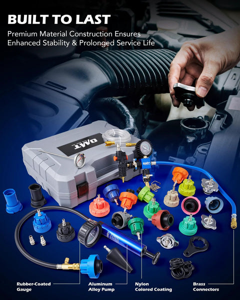 Orion Motor Tech coolant pressure tester kit (OMT) with 31pc set, gray case and blue vacuum pump.