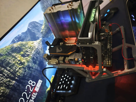 Open Air PC Test Bench Kit For ATX Micro ATX And Mini ITX Builds Open Frame Case For DIY Computer Builds For Tinkering And Hardware Testing PETG 3D Printed Frame With All Screws And Power Button Gray in use on desk setup