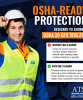 Smiling worker in safety gear highlights OSHA 29 CFR 1910.212 compliance with MG-2 guard benefits and protection features.