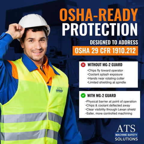 Smiling worker in safety gear highlights OSHA 29 CFR 1910.212 compliance with MG-2 guard benefits and protection features.