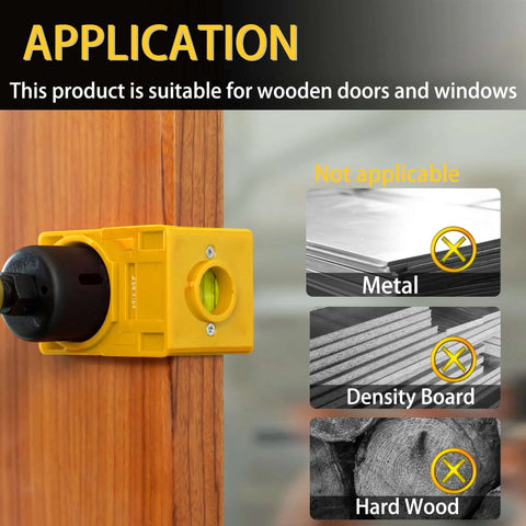 RKK yellow door lock installation kit mounted on a wooden door edge with black knob and bubble level.