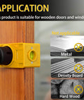 Door Lock Installation Kit For Wooden Doors One And Three Eighths Inch To One And Three Quarters Inch Hole Saw Set With Guide Template Jig And Pilot Bits for precise hole drilling, showing application on wooden doors, not suitable for metal, density board, or hardwood.