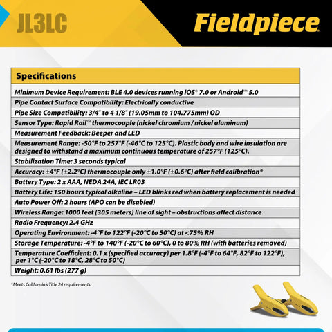 Pro Grade Wireless Large Pipe Clamp Thermocouple specifications sheet with compatibility and temperature details.