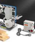 550W Brushless Belt Sander With Integrated Steel Bench Grinder showing motor and adjustable angle table for sharpening.