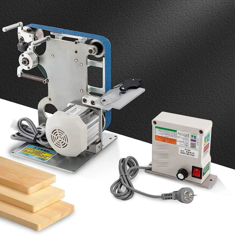 550W Brushless Belt Sander With Integrated Steel Bench Grinder showing motor and adjustable angle table for sharpening.