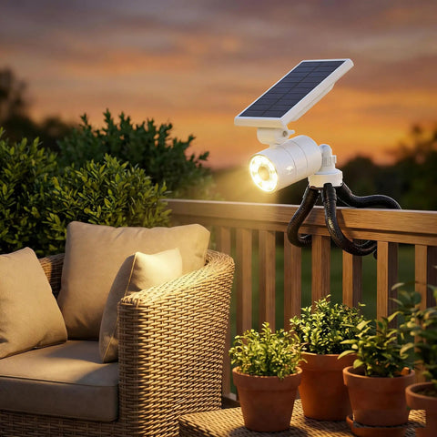 Solar Motion Light Outdoor Waterproof 1400LM Security Spotlight With Flexible Tripod, No Drill Mount, Aluminum Floodlight For Camping, Fence And Patio, 9W Battery Powered, White