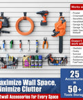 Front view of 25 Piece Slat Wall Storage Kit with 3 baskets and 22 hooks organizing tools against a garage wall.