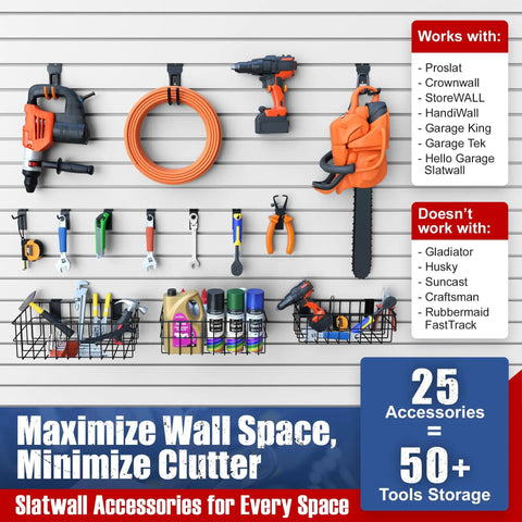 Front view of 25 Piece Slat Wall Storage Kit with 3 baskets and 22 hooks organizing tools against a garage wall.