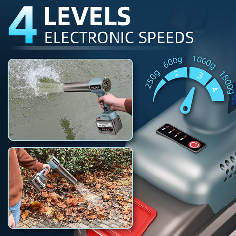 Cordless Handheld Car Dryer And Air Blower, lightweight yet powerful, showcasing 4 speed modes and usage in water and leaf blowing