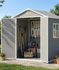 6x4 Ft Outdoor Resin Storage Shed With Floor And Window, All Weather Waterproof Plastic Garden Tool Shed With Lockable Double Doors And Ramp For Mower And Bike, Backyard Storage Gray, open doors showing interior organized with tools and shelving, located on patio garden.