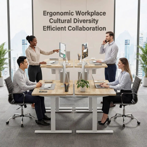 Wide 55x32 Inch Electric Standing Desk With Height Adjustment, 2 Memory Presets, 31.5 Inch Deep Work Surface, Sit Stand Home Office Desk With Hooks, Oak Finish, used by diverse group in office setting.