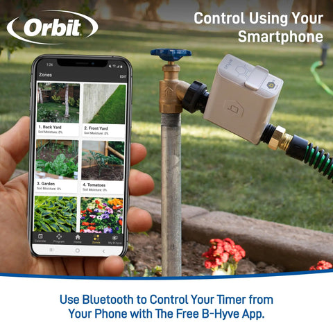 Smart Hose Watering Timer With Auto Scheduling For Gardens Delivers Precise Timed Watering So You Can Relax While Your Plants Thrive No Fuss Hose Timer For Effortless Irrigation And Reliable Auto Watering, shown with smartphone app control in garden setting
