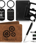 Engineer Gadget Gift Set For Men With Retro Brown Wallet 6 In 1 Multi Tool Pen Vintage Keychain And 11 In 1 Credit Card Multitool Box