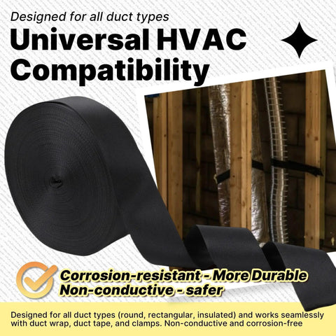 Heavy Duty Duct Strap 1.95 Inch By 49 Foot Black Nylon Strapping For HVAC Ducts with universal compatibility shown in use.