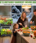 Family preparing salad using 44 Pod Indoor Hydroponic Grow System With Dual 53W Full Spectrum LEDs, 10 Liter Water Tank, 2 Tier Pods, Plus Free Seed Starter Kit With Lettuce, Salad Mix, Basil Seeds For Easy Homegrown Fresh Harvests indoors by kitchen window