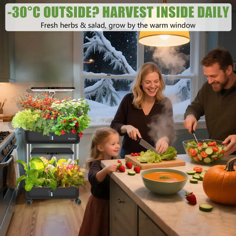 Family preparing salad using 44 Pod Indoor Hydroponic Grow System With Dual 53W Full Spectrum LEDs, 10 Liter Water Tank, 2 Tier Pods, Plus Free Seed Starter Kit With Lettuce, Salad Mix, Basil Seeds For Easy Homegrown Fresh Harvests indoors by kitchen window