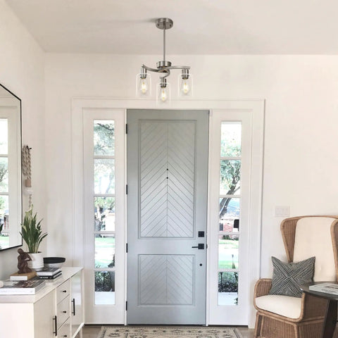 Three Light Brushed Nickel Pendant Chandelier For Kitchen Island, Modern Industrial Hanging Lamp With Clear Glass Shade in entryway.