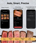 Sync Gold Gen2 Sub 1G Wireless Meat Thermometer With 6 Sensors And LCD Display For Precise Cooking Ultra Reliable Sub 1 GHz Signal Faster Temps Easy Setup And Hands Free Monitoring For Stove Or Grill, app screens and sliced steak doneness chart