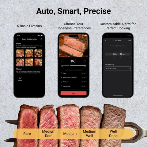 Sync Gold Gen2 Sub 1G Wireless Meat Thermometer With 6 Sensors And LCD Display For Precise Cooking Ultra Reliable Sub 1 GHz Signal Faster Temps Easy Setup And Hands Free Monitoring For Stove Or Grill, app screens and sliced steak doneness chart