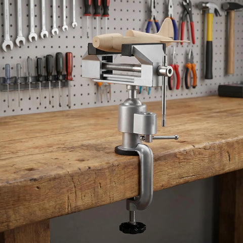 3 Inch Table Vise With Swivel And 360 Degree Tilt holding a wooden model airplane on a workbench with tools in background