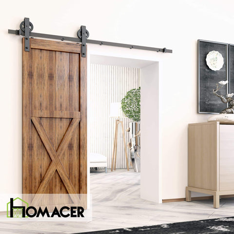 Black Rustic Non-Bypass Sliding Barn Door Hardware Kit For One Door With 6.6 Ft Flat Track And Spoke Wheel Roller installed