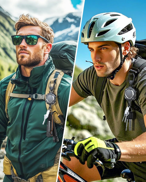 Two-Pack Heavy-Duty Retractable Keychain With Carabiner And 31.5 Inch Wire Rope, shown on hiker and cyclist outdoors.