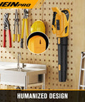 Powerful Cordless Leaf Blower For DeWalt 20V Max Battery hanging on a wall with tools, yellow and black design, tool only.