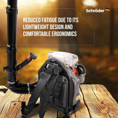 Gas Backpack Leaf Blower Delivers 3.7 HP Power From 63.3cc Engine With Up To 230 MPH Airspeed And 920 CFM For Quick Wet And Dry Debris Cleanup, Ultra Light At 19.5 Pounds, SR 6400L Backpack Blower Pro Ready displays ergonomic design with balanced straps on a wooden surface