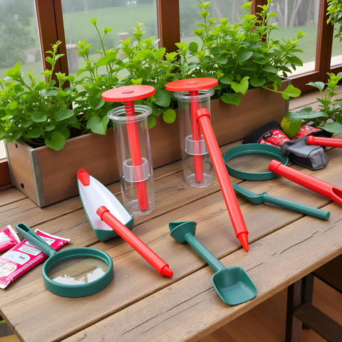 Six Pack Mini Seed Spreaders With Dibber Handheld Seed Planter Tools for precise garden planting on a wooden table.