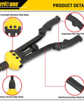 16 Inch Rivet Nut Tool Kit With Auto Release Nutsert 13 Mandrels And 130 Threaded Rivet Nuts Durable Hand Riveter Set In Sturdy Plastic Case SAE And Metric Sizes For Quick Dependable Pro Grade Nutsert Assembly showing ergonomic grips and alloy head.