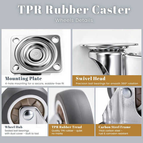 Smooth Operator 1 Inch Silent Rubber 360 Degree Swivel Plate Casters Quiet Low Profile Heavy Duty Wheels details, showcasing mounting plate and swivel head.