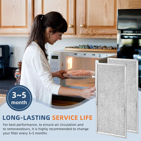 Woman using microwave with 13 X 6 Inch Microwave Filter For Whirlpool And GE Microwaves W10208631A Grease Filter Pack Of 2