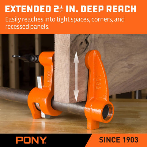 Heavy Duty Deep Reach Pipe Clamps 2 Pack For Woodworkers And Diy Crews 3/4 Inch Threaded Steel Vise Kit showing 2.5 inch throat depth on wood.