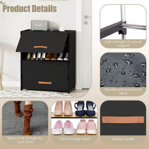 5 Tier Shoe Storage Cabinet With Door Covered Shoe Rack Organizer for Entryway and Closet Holds 20 Pairs of Shoes Durable Plastic Shelves Keeps Your Shoes Neat and Clutter Free Easy Access shown in entryway, highlighting storage capacity.