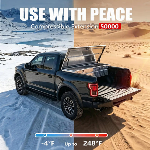 Truck with open toolbox in contrasting snow and desert, demonstrating 7 Inch 18 Lb Gas Struts For RV Cabinet Doors With Brackets Set Of 2.