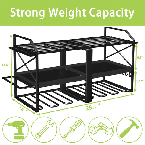 Heavy Duty Wall Mounted Power Tool Organizer Rack With Six Drill Holders For Cordless Drills Three Layer Metal Tool Storage