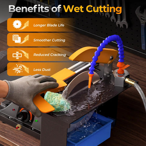 Beefed Up 350W Lapidary Benchtop Saw For Cutting And Engraving 0 To 10000 RPM Water Cooled All In One Kit in use with stone