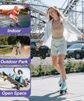 Person roller skating outdoors, inset images of skating indoors, at an outdoor park, and open space with skateboards.