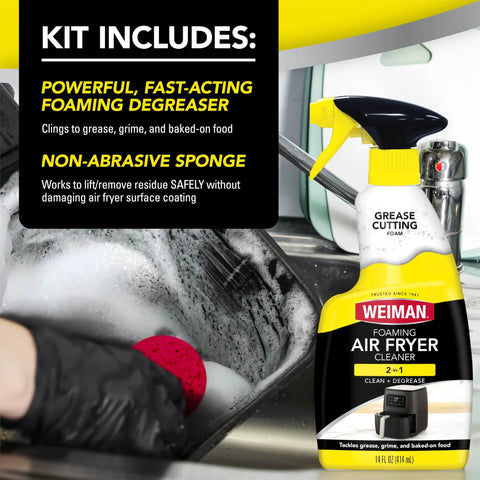 Front view of Weiman Foaming Air Fryer Cleaner bottle with yellow spray top, 14 oz.
