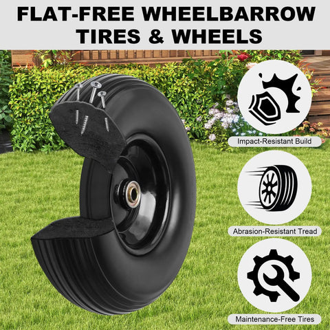 No Flat 13 Inch 4.00-6 Wheelbarrow Tire And Wheel 2 Pack with impact-resistant build, centered hub on grass
